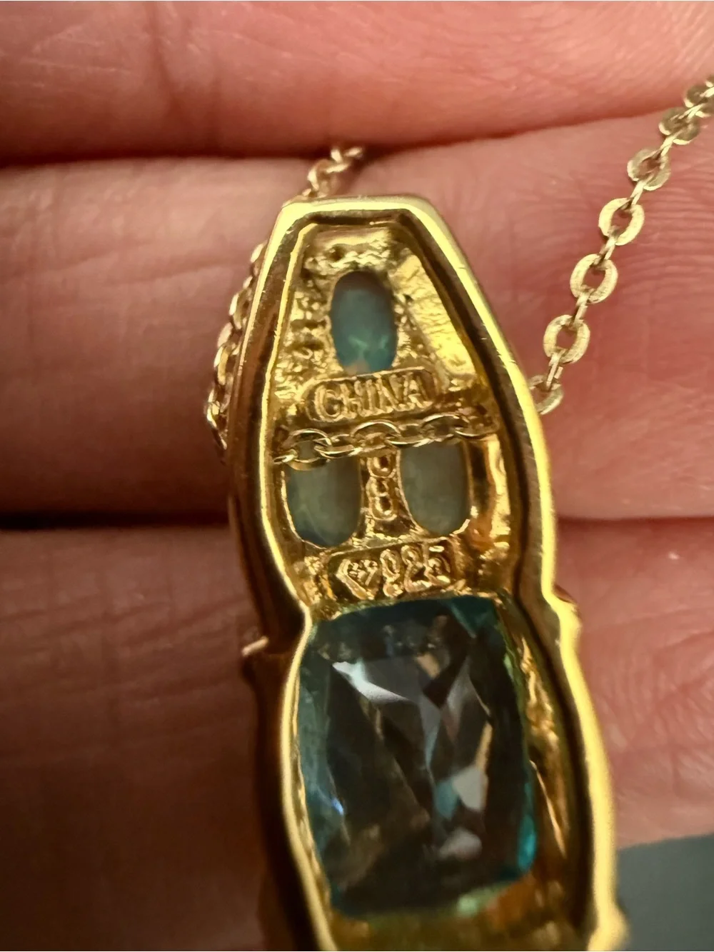 925 Sterling Gold Vermeil Cushion Cut Blue Topaz Gemstone Opal Pendant Necklace